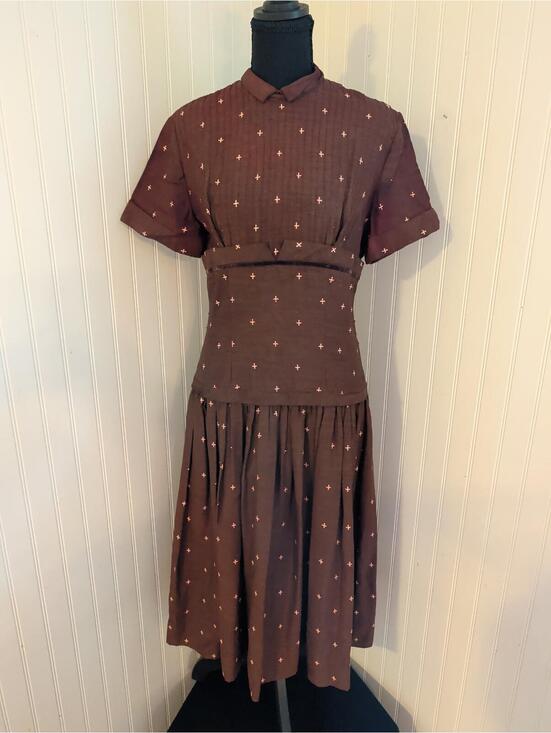 Dresses & Skirts - Vintage Tailored  Brown Dress with Pink Cross Pattern and Peter Pan Collar